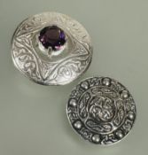 A Iona Scottish silver Targe style brooch with knot and scrolling leaves stamped verso D x 3.5cm and