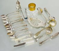 A large collection of Epns to include a set of six tea spoons and tongs, pair of crystal napkin