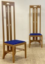 A pair of Glasgow school oak framed high back chairs, after a design by Charles Rennie MacIntosh,