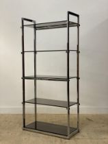 Pieff, a mid century chrome and smoked glass five tier open shelf, circa 1970's H180cm, W86cm,