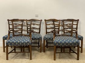 A set of si (4+2) Edwardian mahogany fiddle pattern dining chairs, well upholstered in embroidered