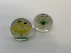 An Art Glass paperweight with a yellow crocus flowerhead to centre and two fish to top (h-10cm)