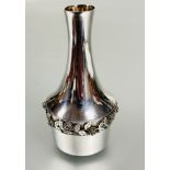 A modern London silver House of Lawrian single rose bud vase with tapered neck cast rose and leaf