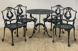 A cast aluminium garden or patio suite, comprising a set of four chairs (H83cm) and a table with