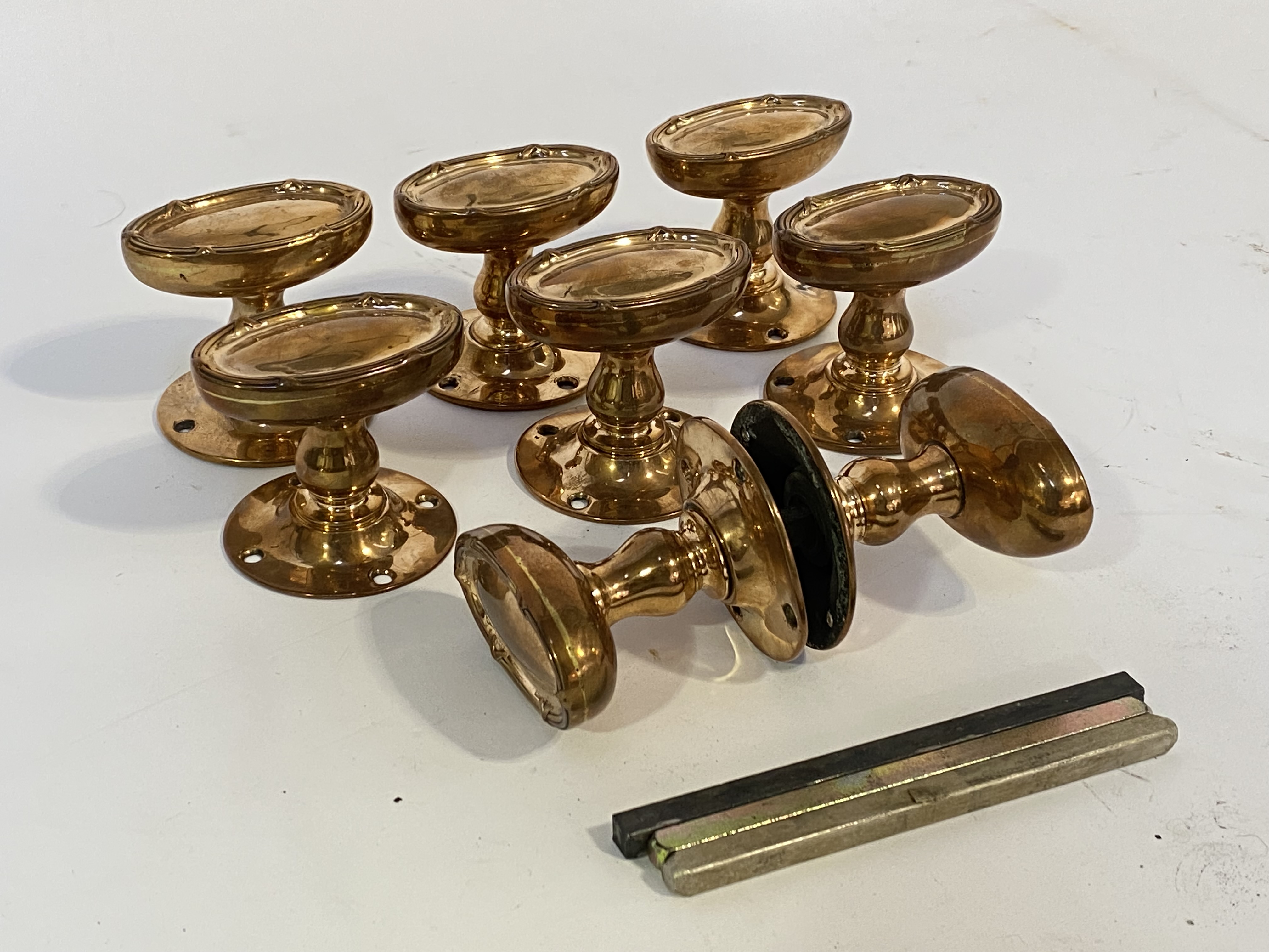 Four pairs of Victorian brass / copper door knobs, each handle of oval outline. - Image 2 of 2