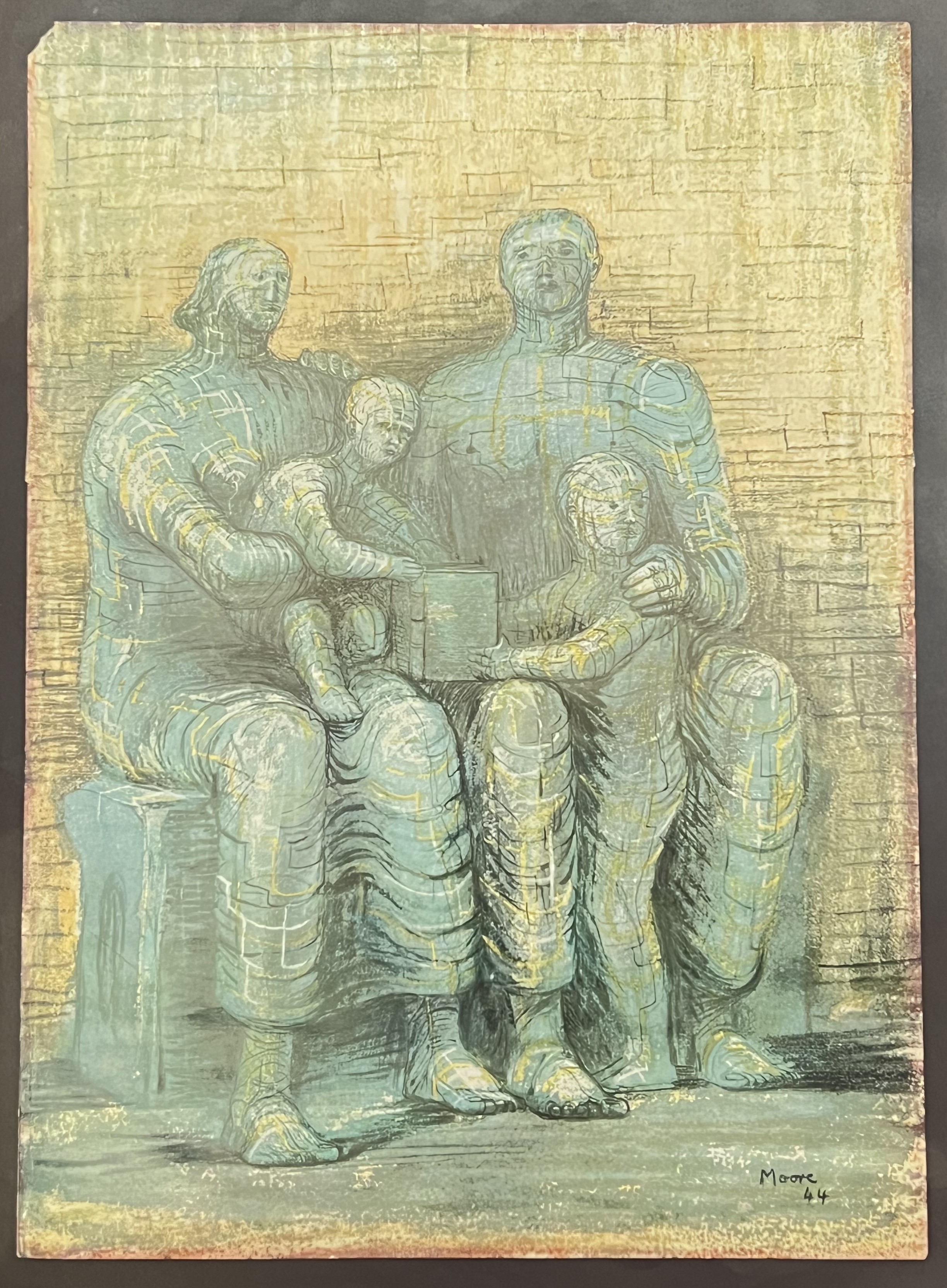 A vintage, probably 1960s, poster of Henry Moore's 'Family Group' (1944) (h- 38cm, w- 37.5cm)