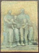 A vintage, probably 1960s, poster of Henry Moore's 'Family Group' (1944) (h- 38cm, w- 37.5cm)