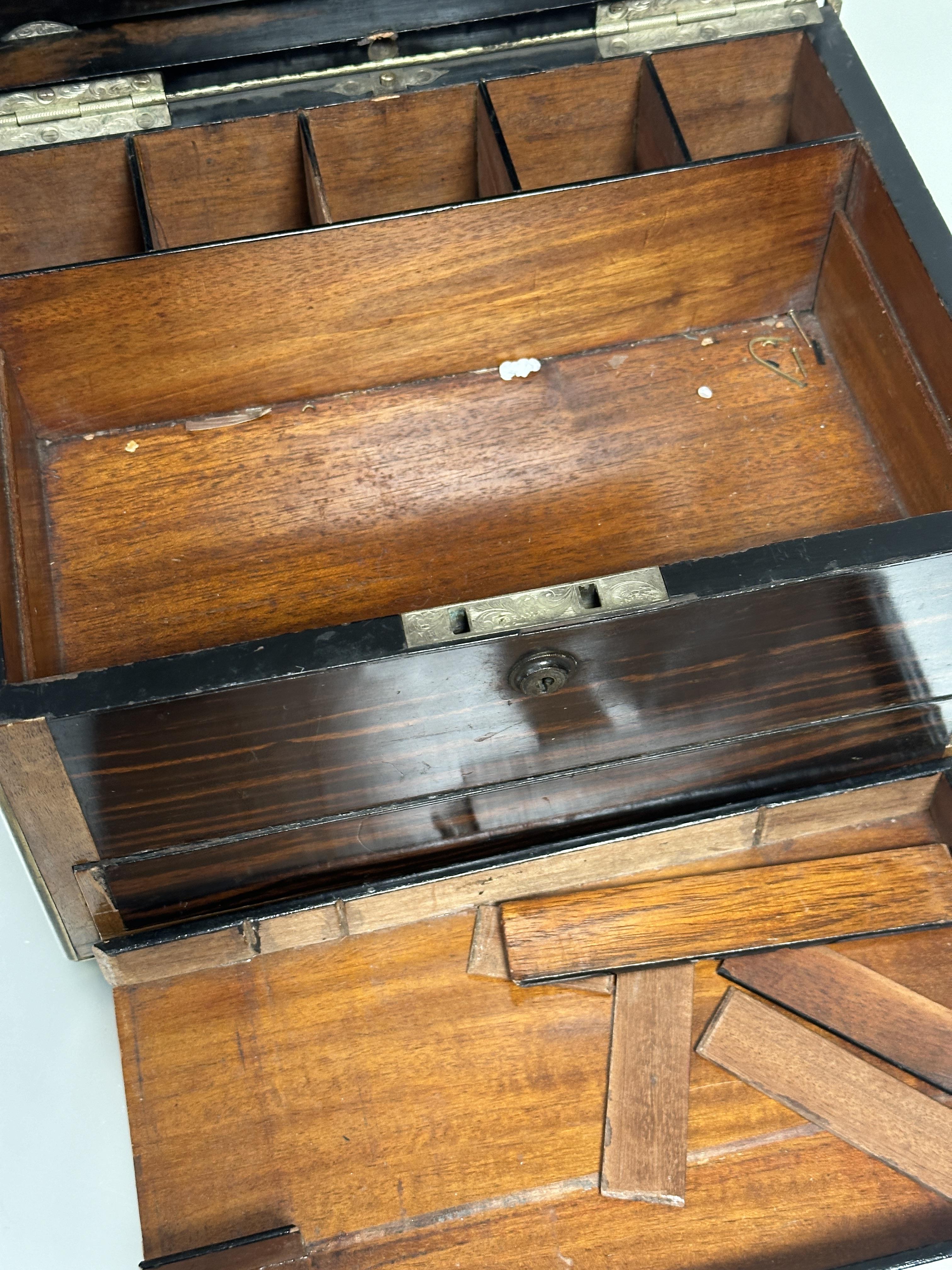 A 19thc calamander wood and brass inlaid traveling jewellery and writing box the top with brass - Image 4 of 8