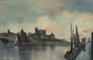 Continental School, Sailboats at harbour, oil on canvas, signed indistinctly and dated '96 bottom