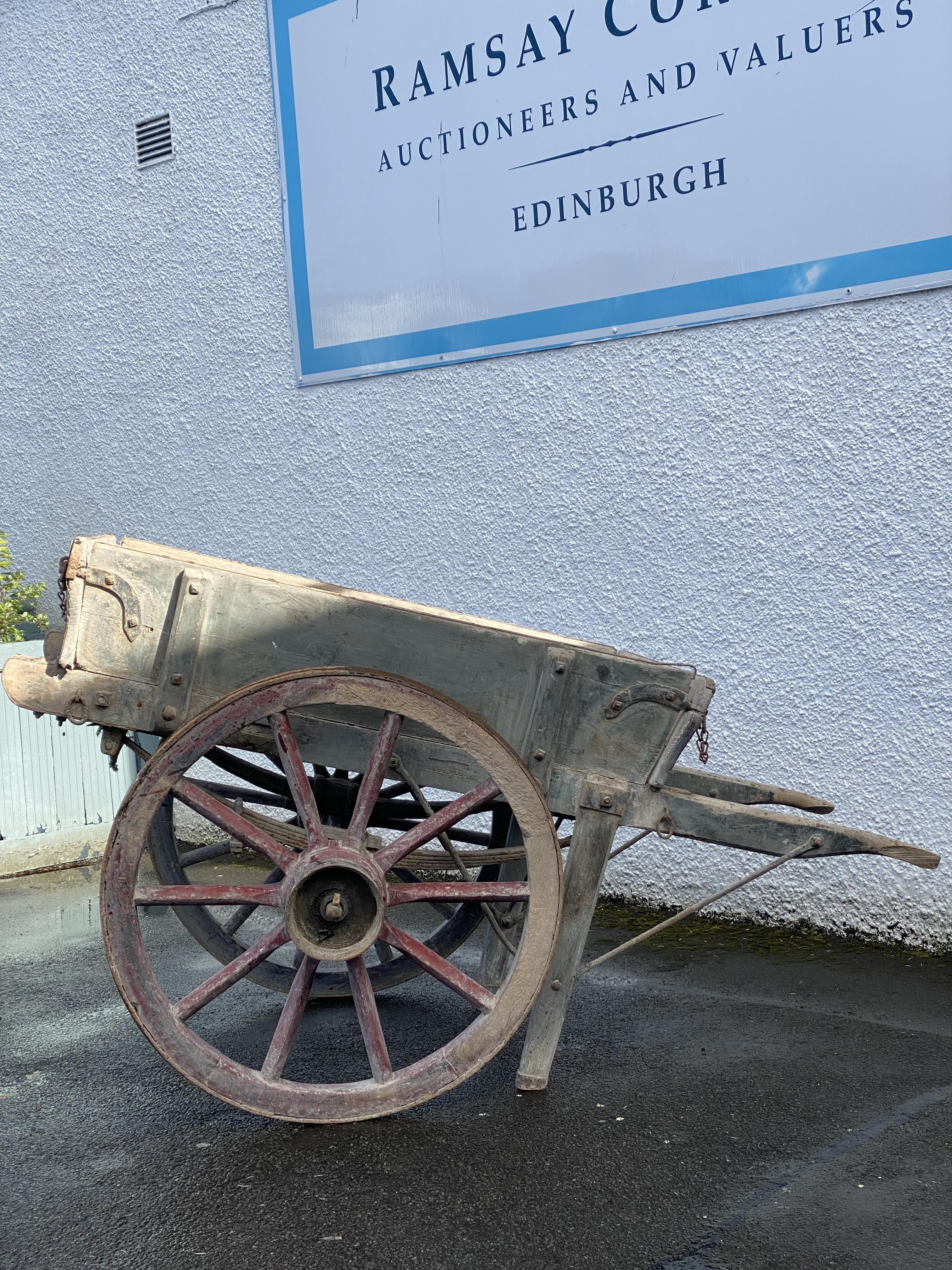 A 19th century hand drawn cart, with coopered and spoked wheels on leaf springs, and having an old - Image 3 of 5