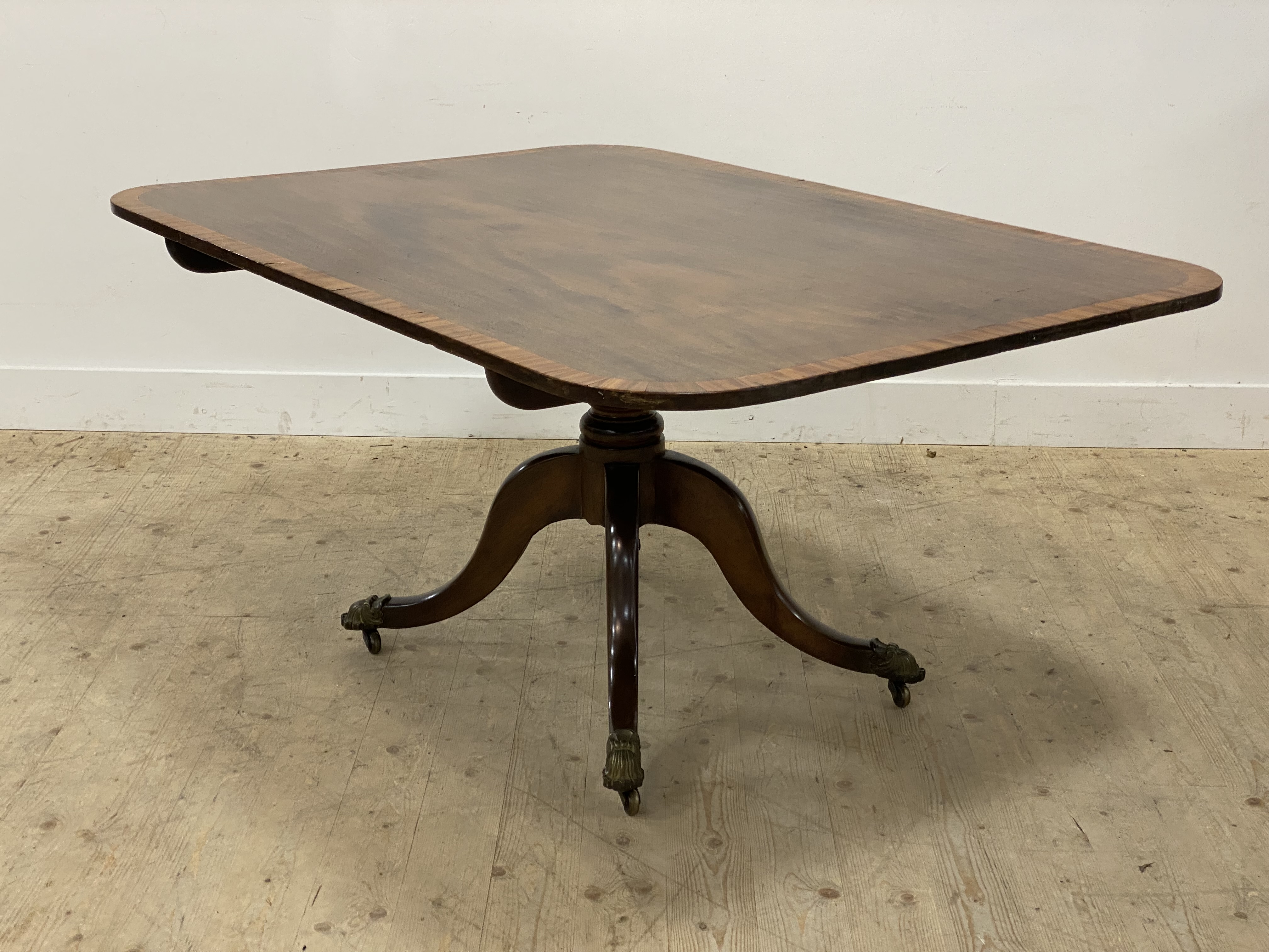 A Regency period mahogany breakfast table, the tilt top with deep satinwood cross band above four - Image 3 of 3