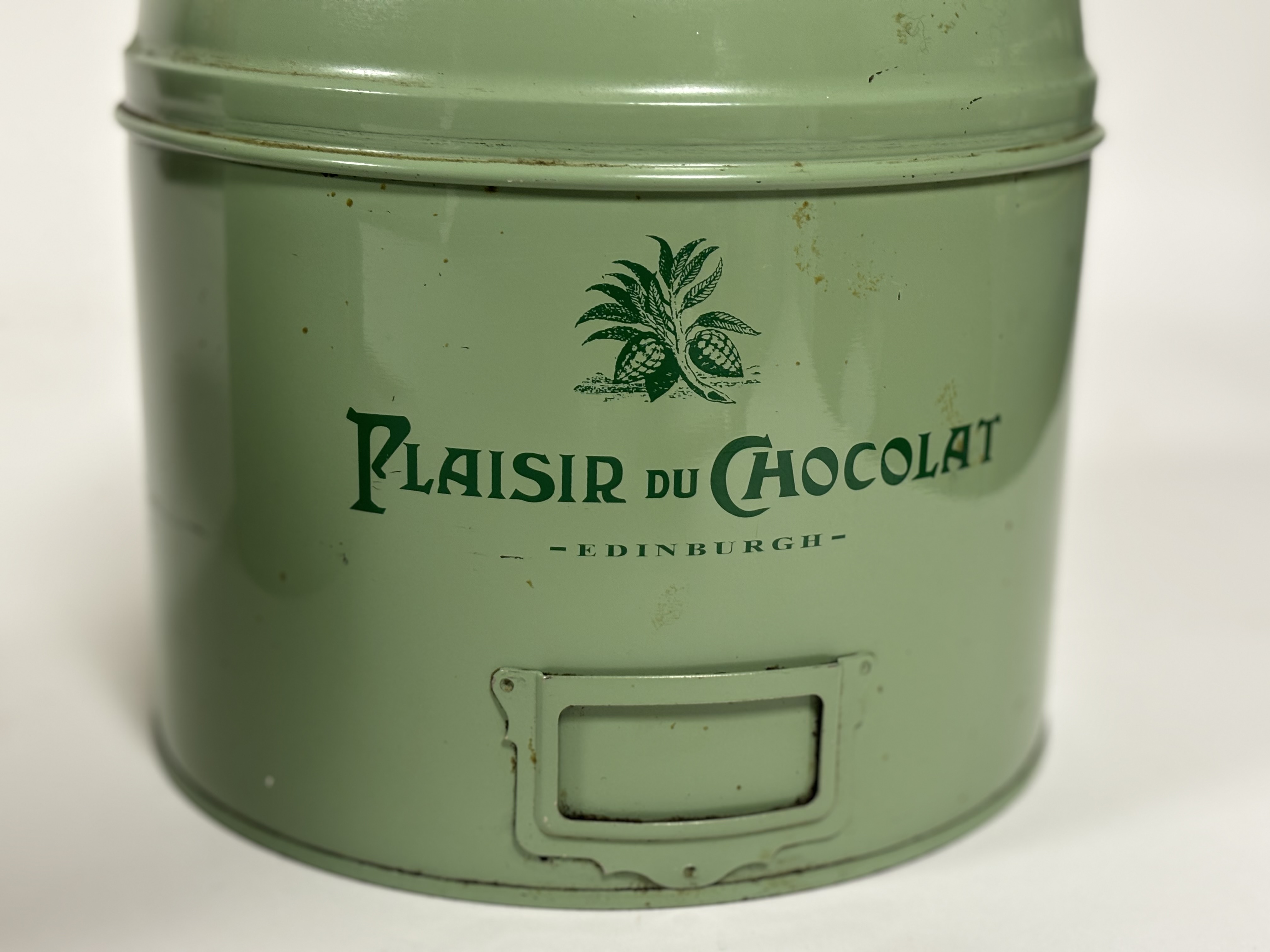 A trio of 19thc Plaisir Du Chocolat, Edinburgh pale green store tins, two with cream lettering to - Image 4 of 4