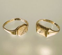 A 9ct gold signet ring engraved with initials MDR J and a 9ct gold signet ring engraved with