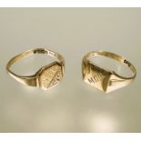 A 9ct gold signet ring engraved with initials MDR J and a 9ct gold signet ring engraved with