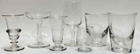 Seven antique, mainly nineteenth century, drinking glasses of various forms (fluted stem etc... 'a