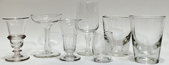 Seven antique, mainly nineteenth century, drinking glasses of various forms (fluted stem etc... 'a