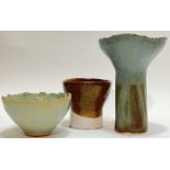 Mary Waugh, a group of hand-built studio pottery comprising two bowls and a stemmed vessel (one