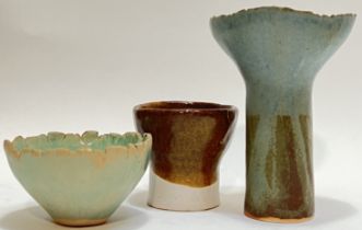 Mary Waugh, a group of hand-built studio pottery comprising two bowls and a stemmed vessel (one