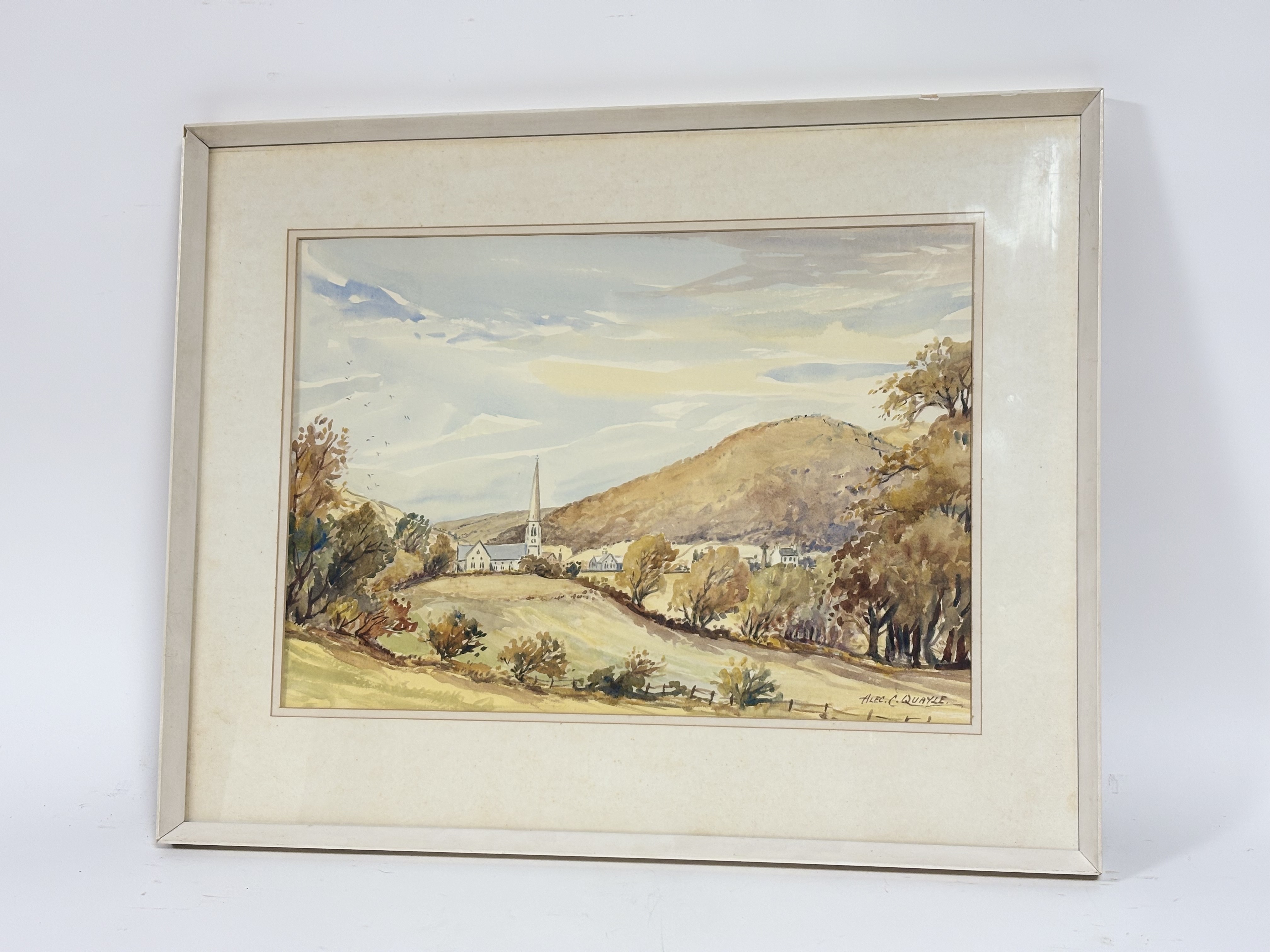 Alec.C.Quayle, "St John's under Slieau Whallian, watercolour and pencil, signed bottom right,