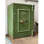 A Victorian green painted cast iron safe, Philips & Son, complete with key. H61cm, W44cm, D41cm. (