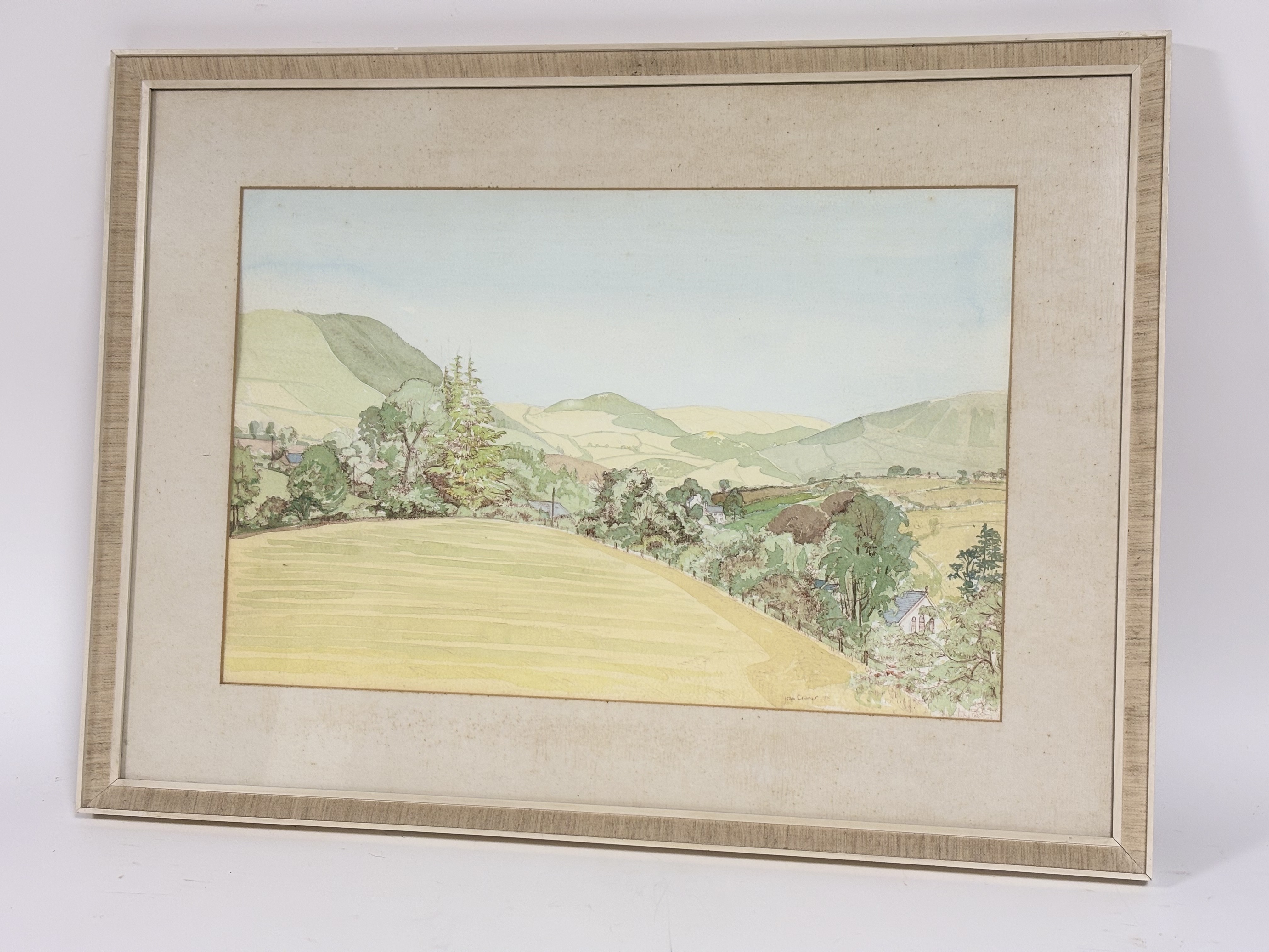 Joan M Eisinger, View of St Johns, pen and wash, signed bottom right, framed. (35cmx54cm)