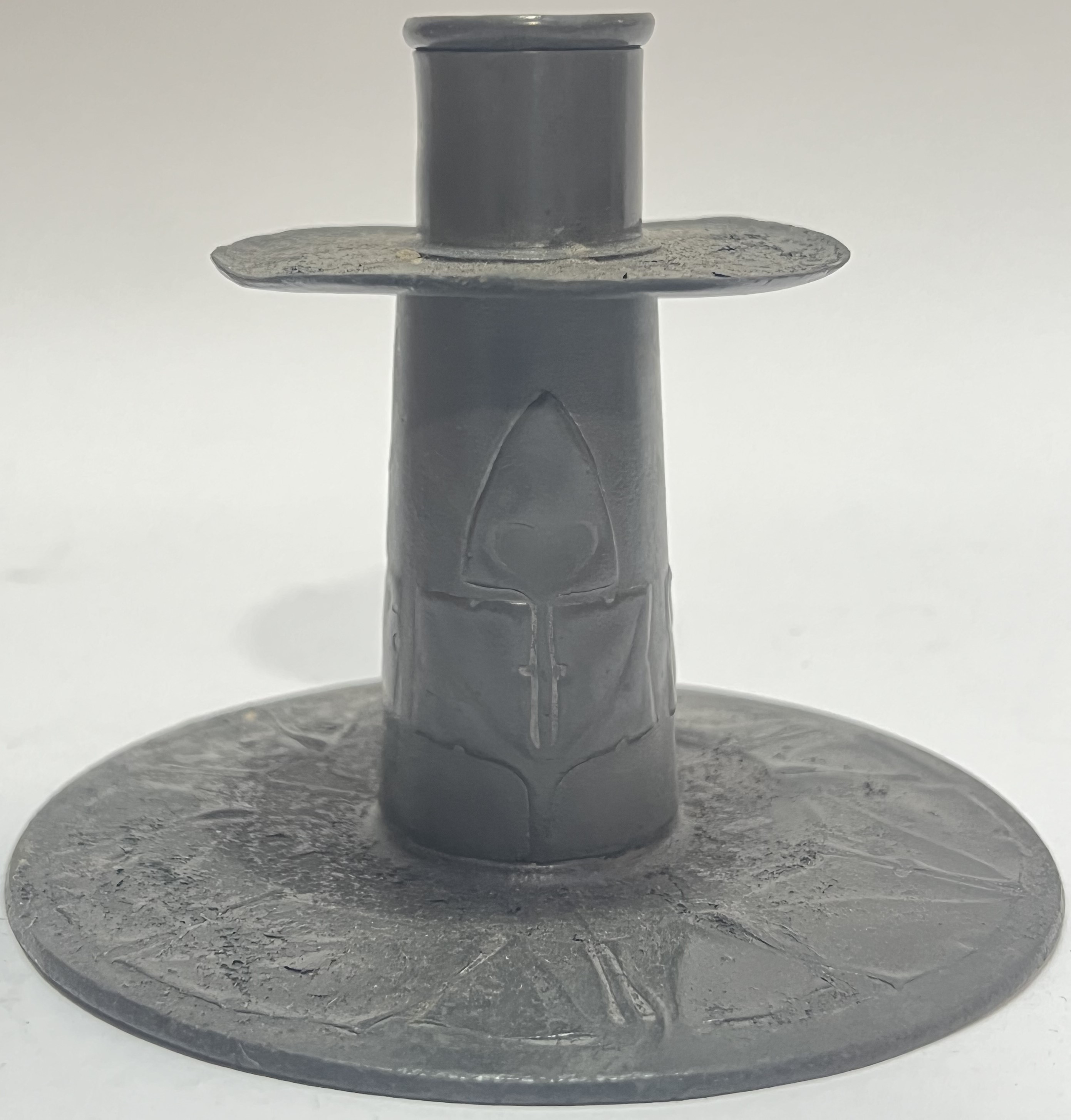 Archibald Knox for Liberty & Co, a rare 'Tudric' arts and crafts pewter candlestick holder decorated - Image 2 of 3