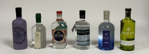 A collection of six bottles of various gin comprising, Kirkjuvagr Orkney Gin (43% vol), Shetland