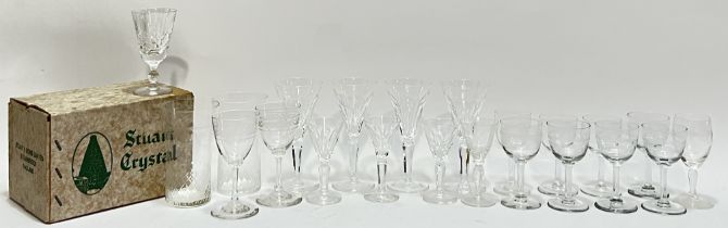 A mixed group of drinking glasses comprising a boxed set of six Stuart Crystal glasses (boxed),