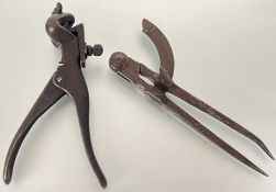 A set of antique callipers, together with a frame-makers' clamp (larger l- 19cm) (2)