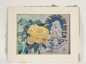 Initialled, A large yellow rose with mother and child to background, pastel on paper, initialled