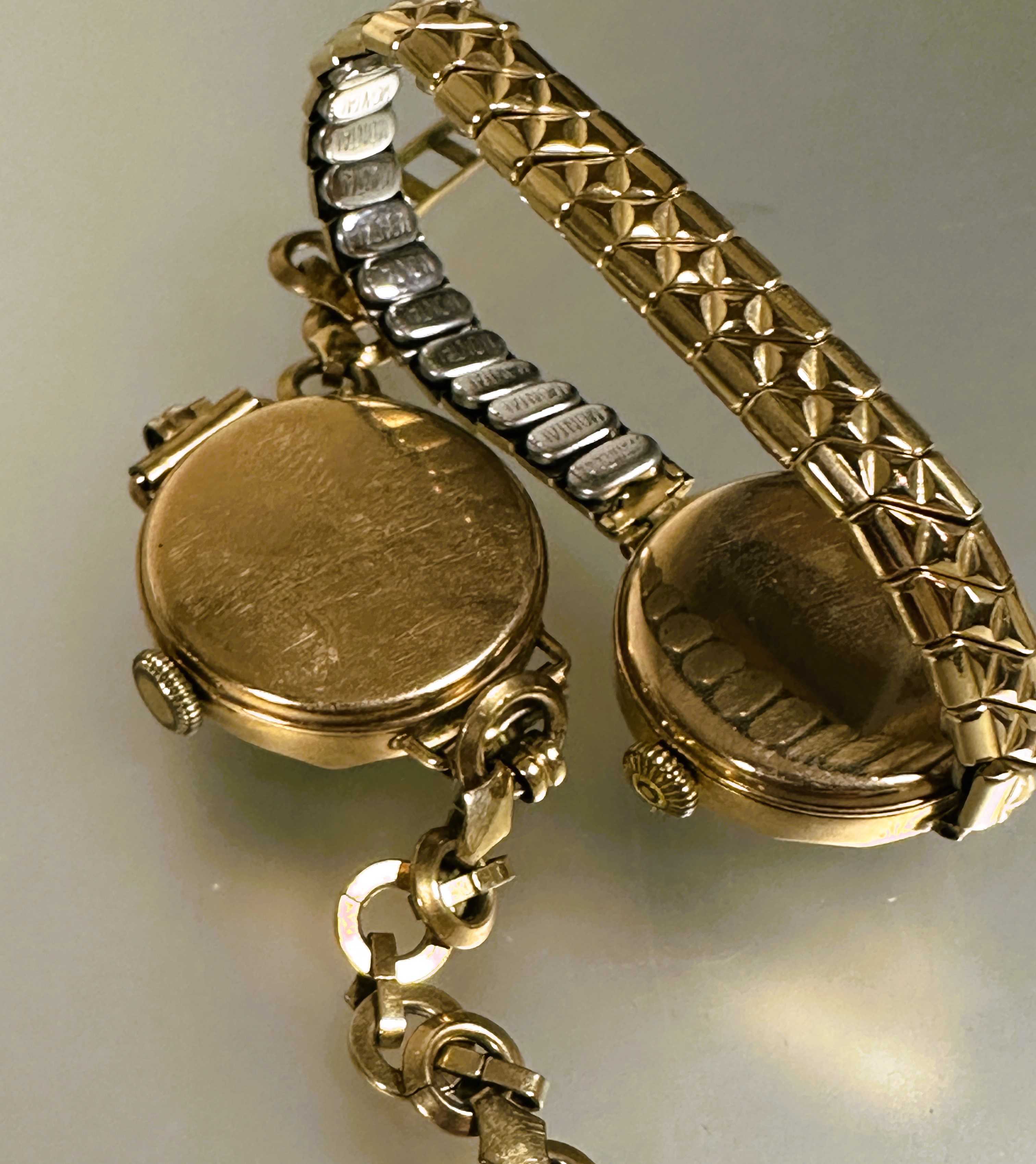 Two ladys 9ct gold wristwatches on gilt metal bracelets D x 2cm (2) - Image 2 of 2