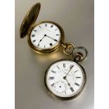 An American Elgin gold plated full hunter pocket watch with enamel dial and roman numerals working D