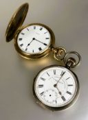 An American Elgin gold plated full hunter pocket watch with enamel dial and roman numerals working D