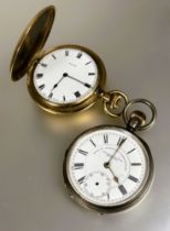 An American Elgin gold plated full hunter pocket watch with enamel dial and roman numerals working D