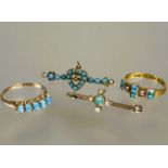 A 10ct gold ring set five oval turquoise mounted in claw setting N/O 2.05g, a Edwardian 15ct gold