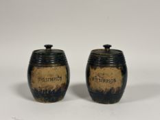 A pair of Scottish Pottery barrels with covers, both reading "Mrs.Simpson" to centre. ( chips to