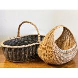 A vintage crescent shaped wicker egg basket H x 31cm L x 37cm and a oval two tone wicker loop handle