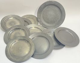English Civil War interest, a group of antique pewter dishes, some with touch marks apparently of