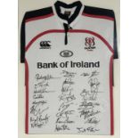 A framed Ulster Rugby Ireland shirt, with players signatures in black ink. (80cmx59cm)