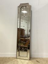 A large contemporary silvered wood and composition sectional wall hanging mirror. 207cm x 52cm.