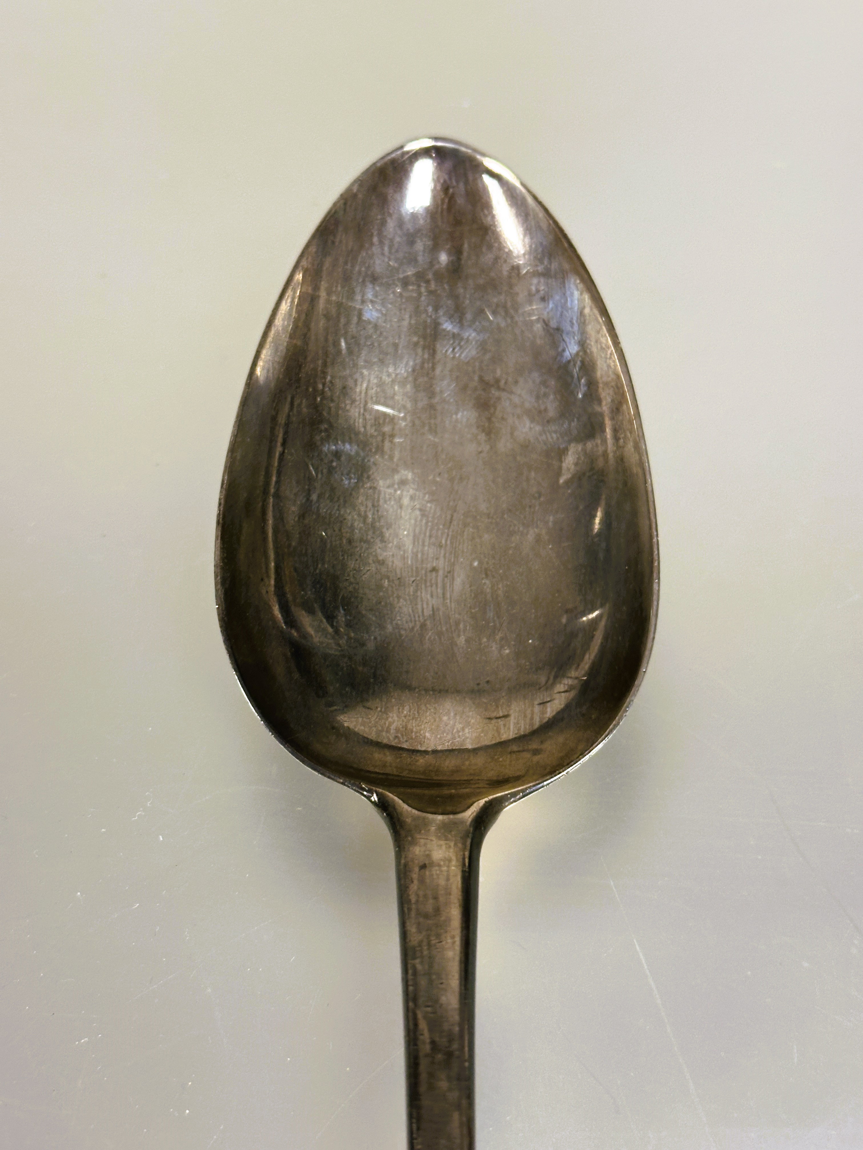 A George III Newcastle silver old English pattern basting spoon with engraved initial G L x 31.5cm - Image 5 of 5