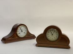 An early to mid 20th century eight day mantel clock in an inlaid oak case, having an Arabic