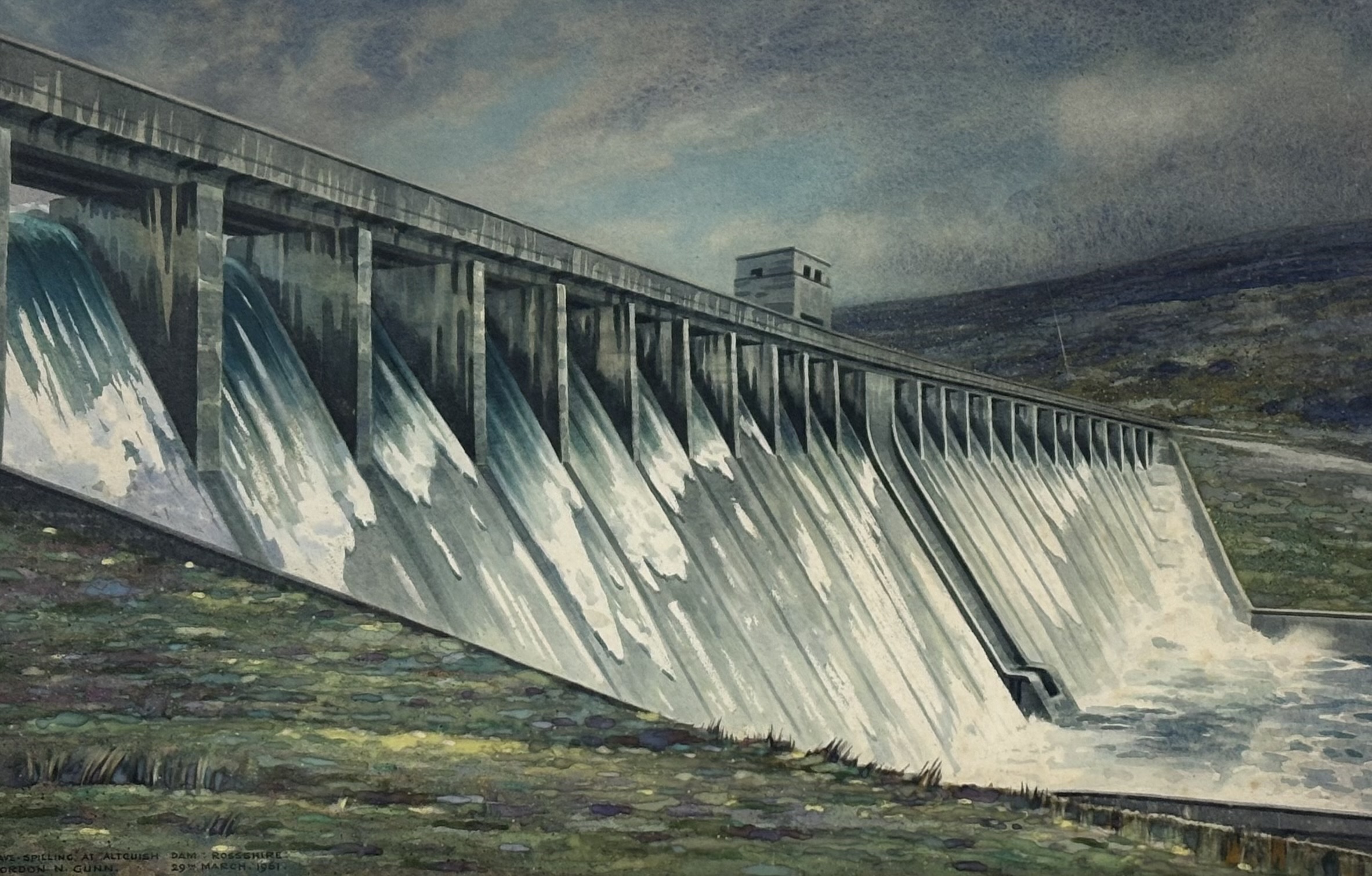 Gordon N Gunn F.I.A.S F.R.S.A (1916-1980), "Wave Spilling at Altguish Dam : Rossshire", watercolour,