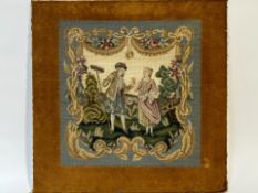 A 19hc style needle-point tapestry of a man courting a woman with a brown fabric boarder on board,