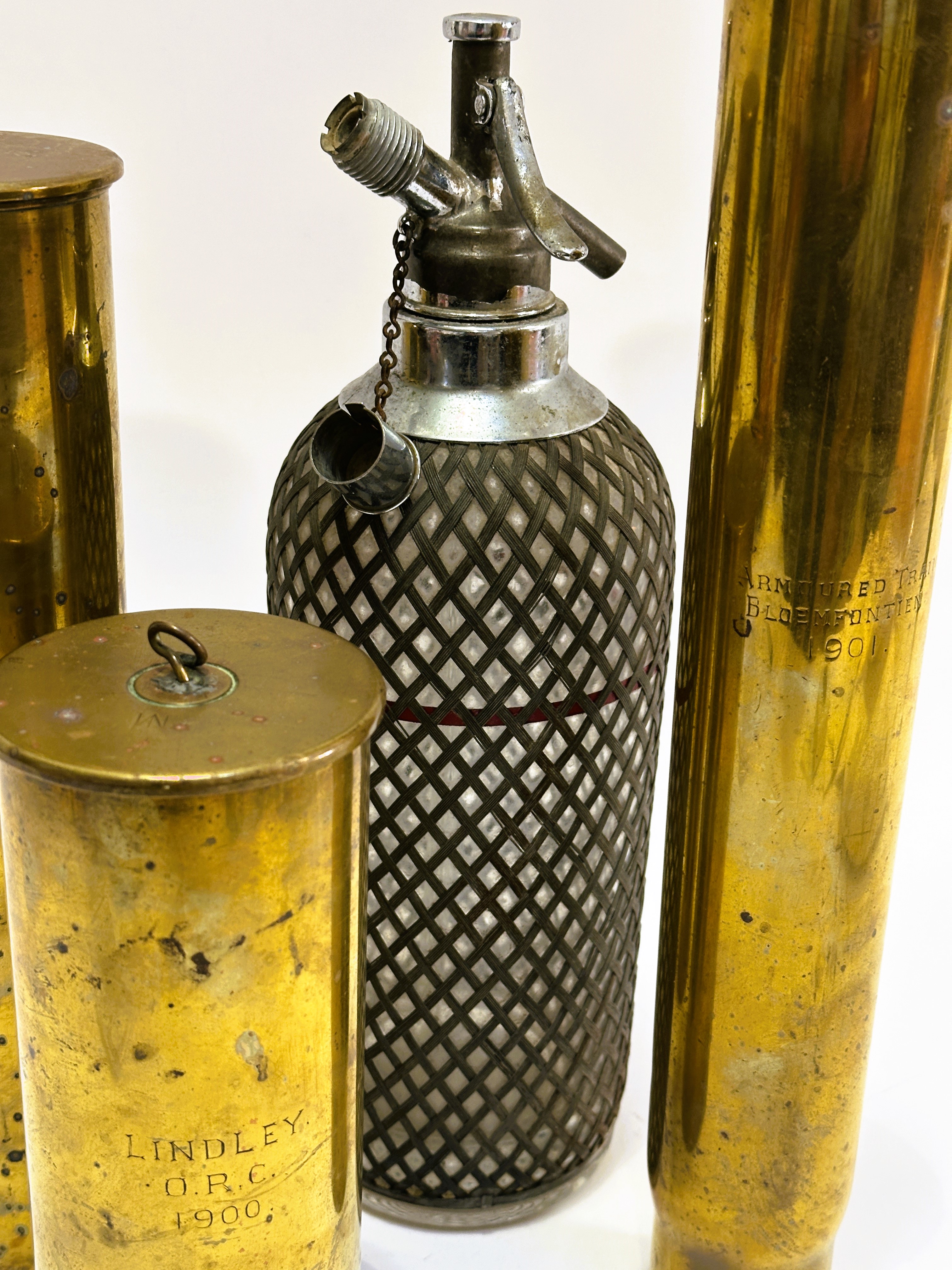 A group of three WWI shell cases 1900 h x 21cm 1901 H x 37.5, 1902 H x 30.5cm and a glass and chrome - Image 4 of 4