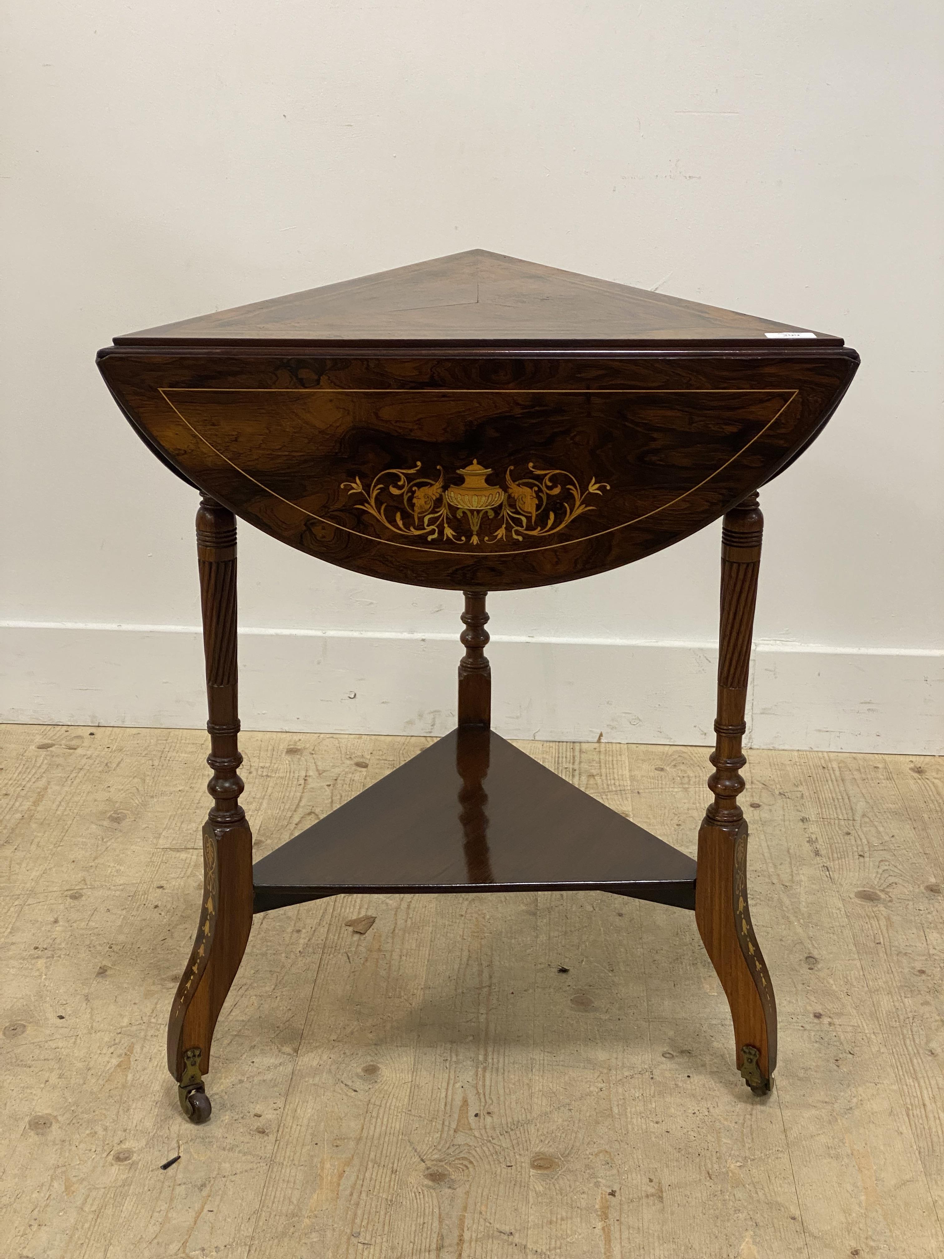 A late Victorian rosewood occasional table, the triangular / circular top with three demi-lune - Image 3 of 3