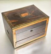 A 19thc calamander wood and brass inlaid traveling jewellery and writing box the top with brass