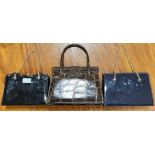 Three vintage ladies' handbags comprising an embossed leather Widegate bag (w- 26cm), a black