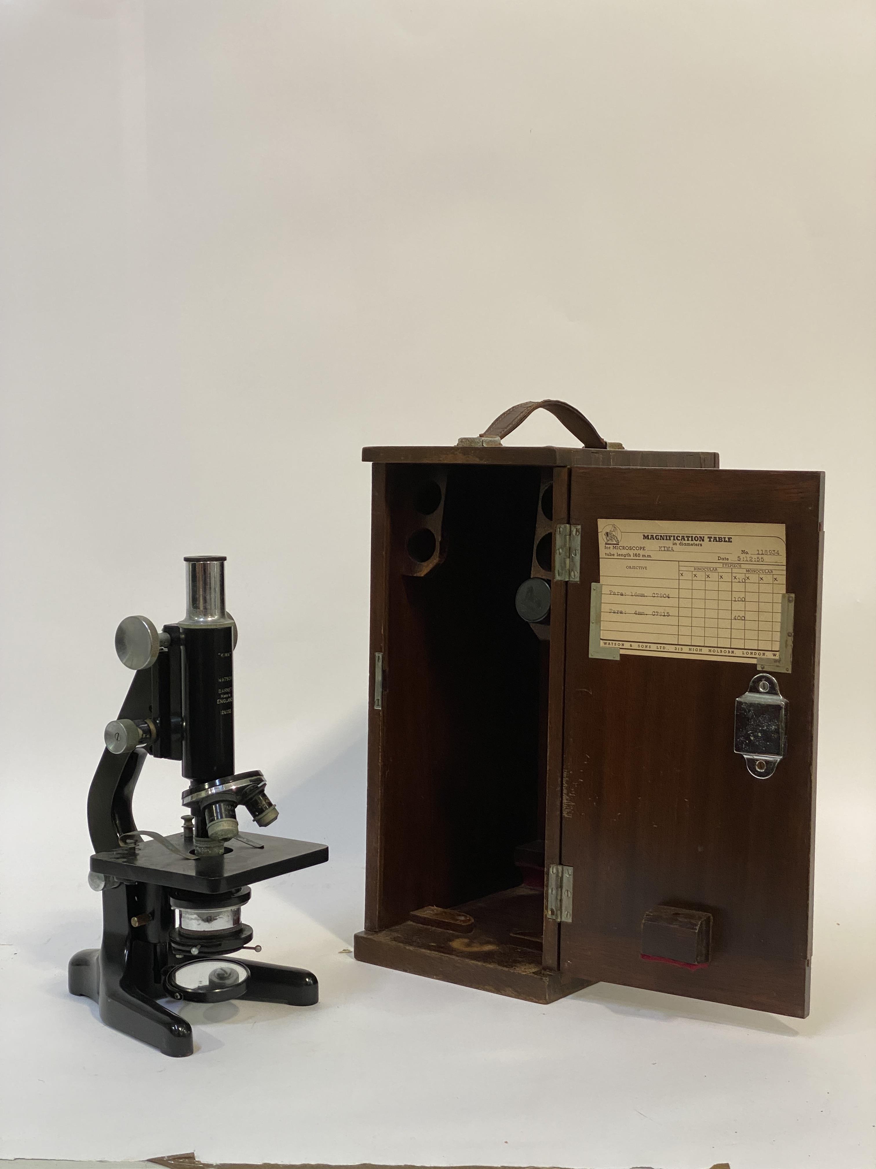 An early to mid 20th century "Kima" monocular microscope by W Watson & Sons, London, in a mahogany - Image 2 of 2