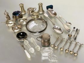 A Chester silver drum mustard with blue glass liner, two four piece Epns condiment sets, two crystal